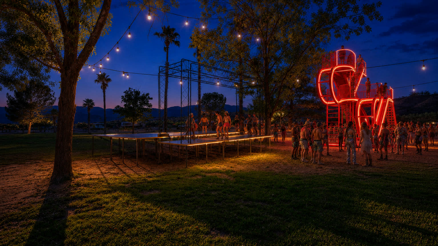 Illustrative blue-hour placement of the red slide illuminated beside the active Colony stage