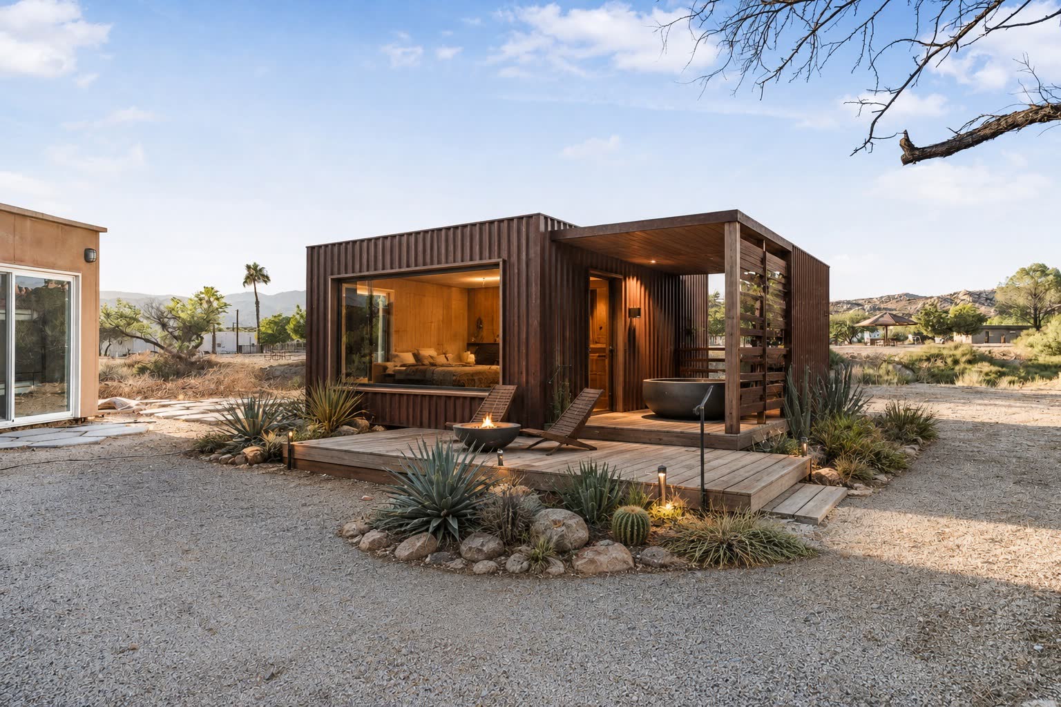 Illustrative earth-toned shipping-container lodge with a picture window, shaded deck, fire bowl, soaking tub, and desert planting on the same site