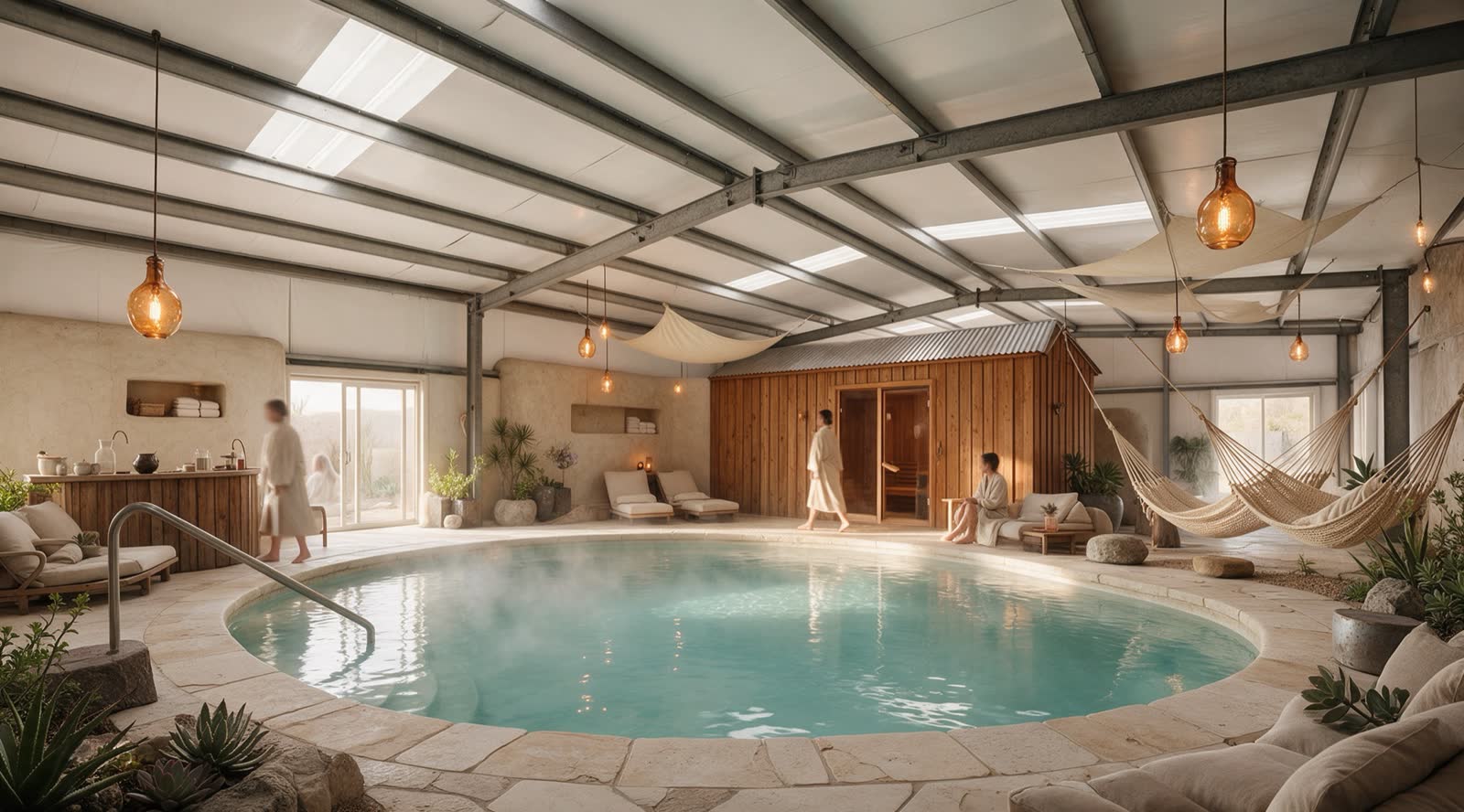 Illustrative mineral-bath wellness facility inside the existing indoor pool building